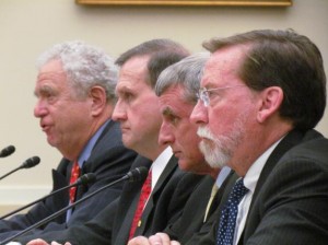 Witnesses at the May 21 hearing.  From left to right, Friedman, Spudis, Squyres and Cooke.