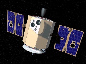 Artistic rendition of Clementine in flight.  Door opens onto sensor deck; communications antenna at bottom.  The overall length of the spacecraft was about 1.5 meters.