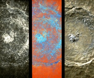 Clementine images of the crater Tycho.  At left is a map of the 1 micron absorption, the middle image is a false-color composite and the image at right is "true" color.  The features evident on the crater floor appear related to the sheet of impact melt rock that lines the crater.