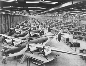 Production line of B-24 Liberator bombers, part of an enormous industrial infrastructure that won World War II, the Cold War, and later, sent America to the Moon.