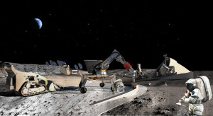Lunar outpost under construction using 3-D printers to fabricate infrastructure.  NASA image.